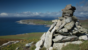 Looking north from the top of Mizen Head. Dunmanus Bay, Bantry Bay and the Kerry Mountains in the distance.